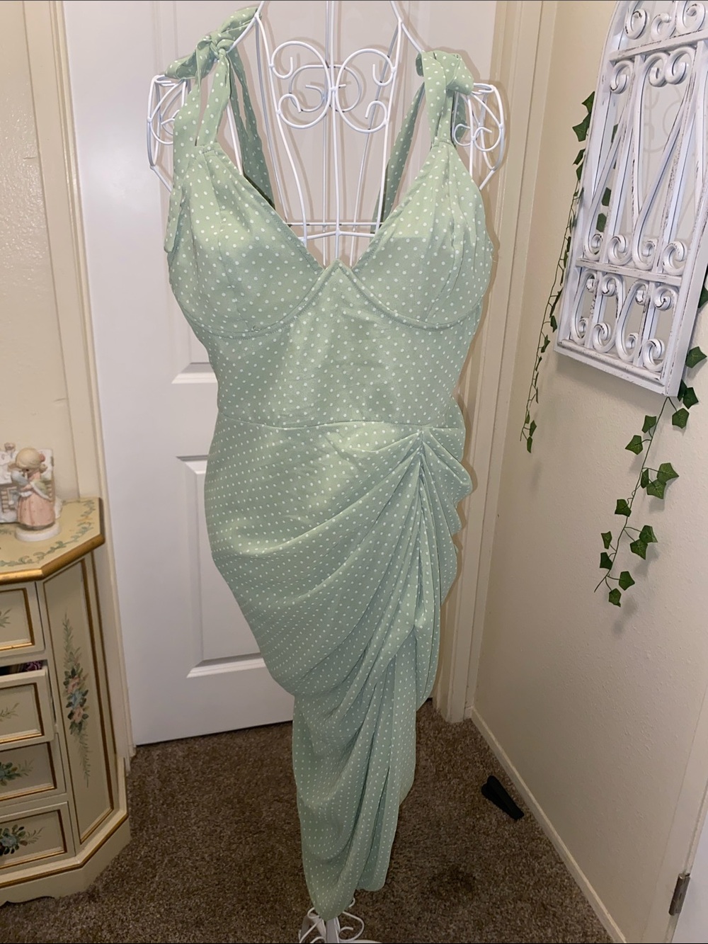 PrettyLittleThing Sage Green Polka Dot Maxi Dress